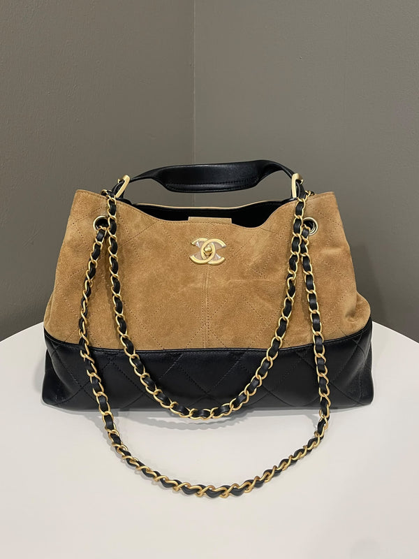 Chanel 25A Coco Base Shopping Bag Brown Suede / Black Lambskin
