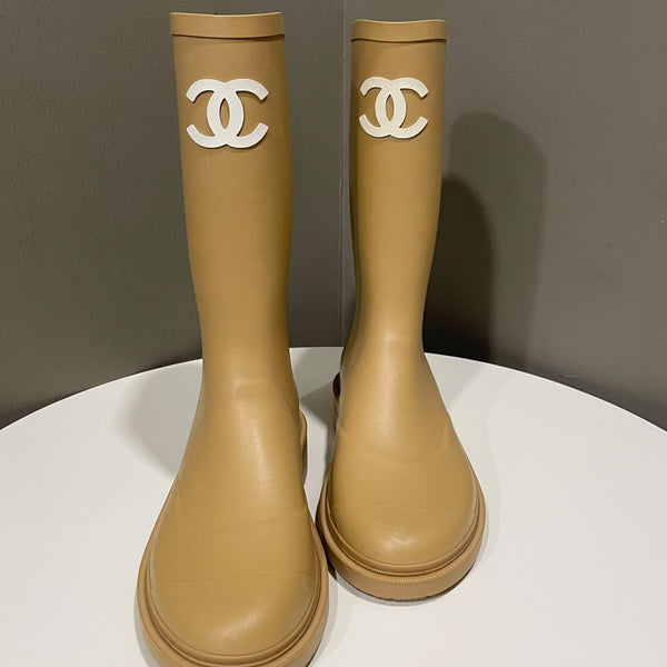 Chanel CC High Boots Beige Rubber Size 39