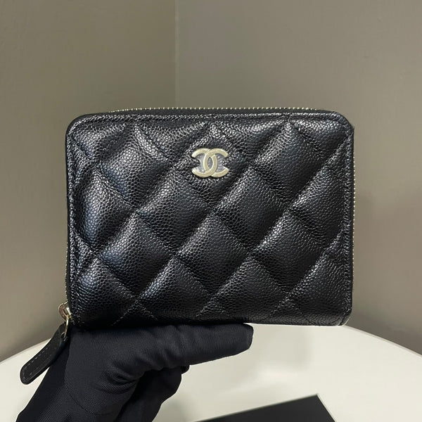 Chanel Classic CC Quilted Zipped Card Wallet Black Caviar GHW