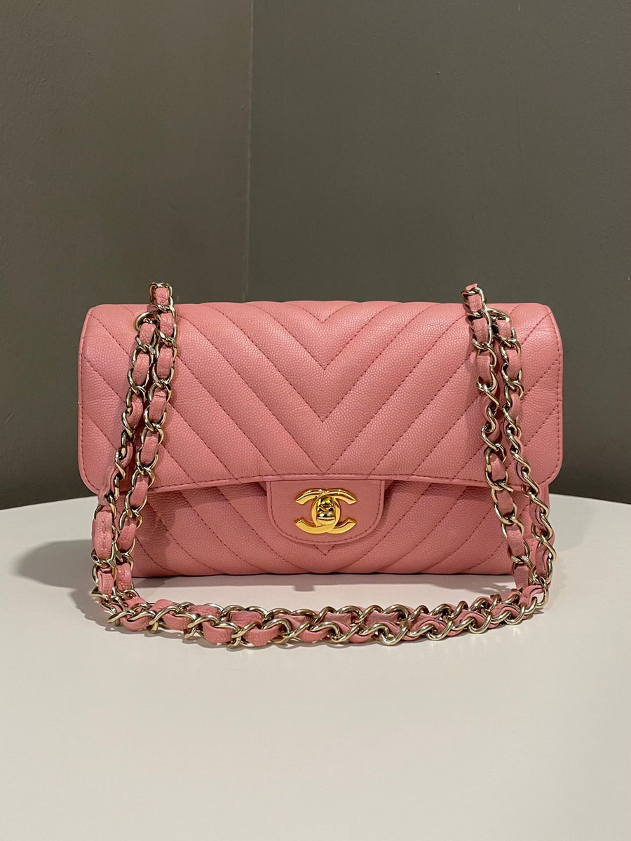 Chanel Classic Chevron Small Double Flap Sakura Pink Caviar