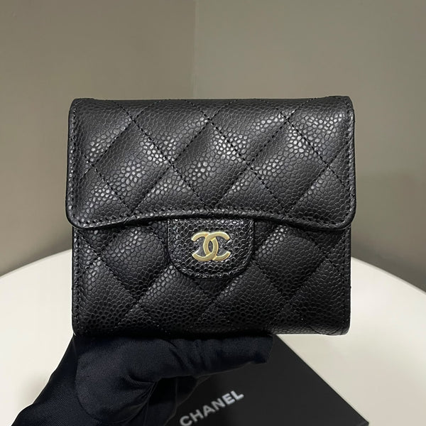 Chanel Classic Quilted Compact Flap Wallet Black Caviar