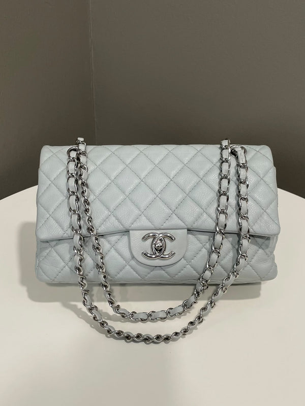 Chanel Classic Quilted Medium Double Flap Light Grey Caviar