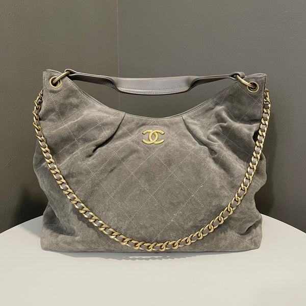 Chanel Quilted Hobo Bag Dark Grey Suede