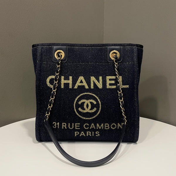 Chanel Small Deauville Tote Dark Navy Gold