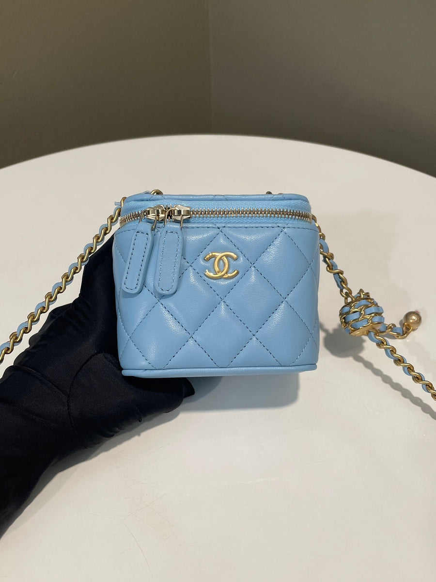 Chanel Quilted Pearl Crush Mini Vanity Cube Sky Blue Lambskin