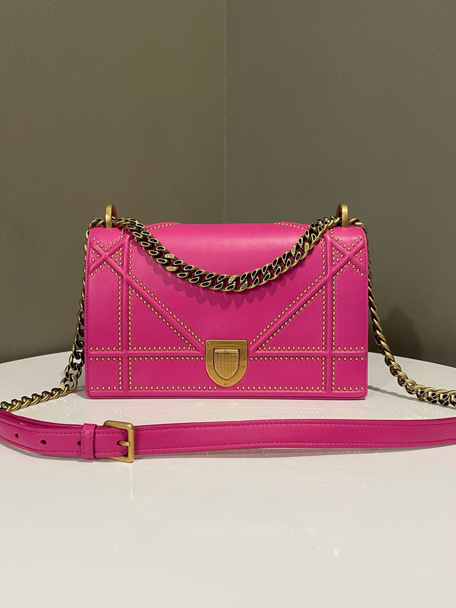 Dior Diorama Studded Flap Bag Rose Fuchsia Matt Calfskin