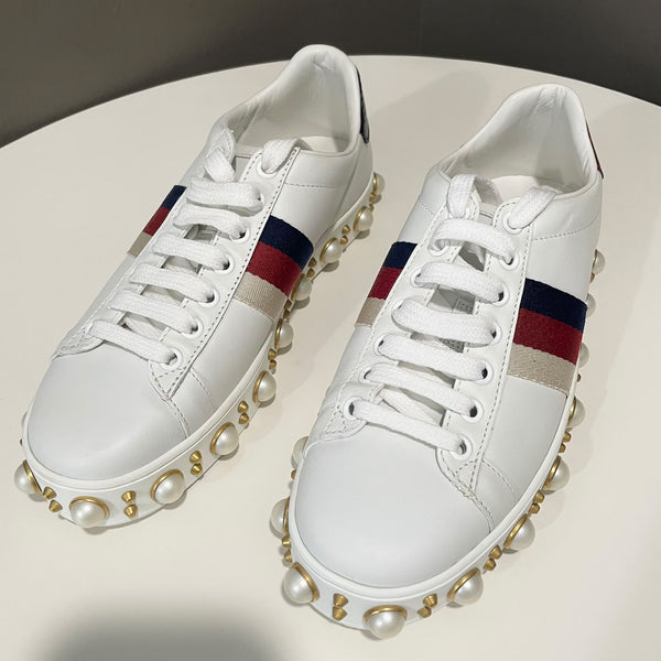 Gucci Ayers Web Pearl Studded Ace Sneaker White Blue Red Calfskin Size 35