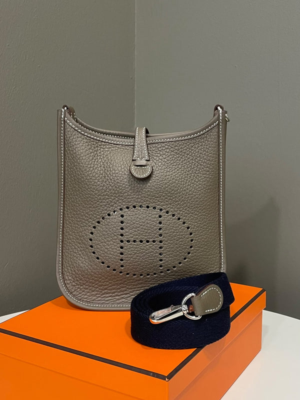 Hermes Mini Evelyn Etoupe Clemence Bleu Indigo