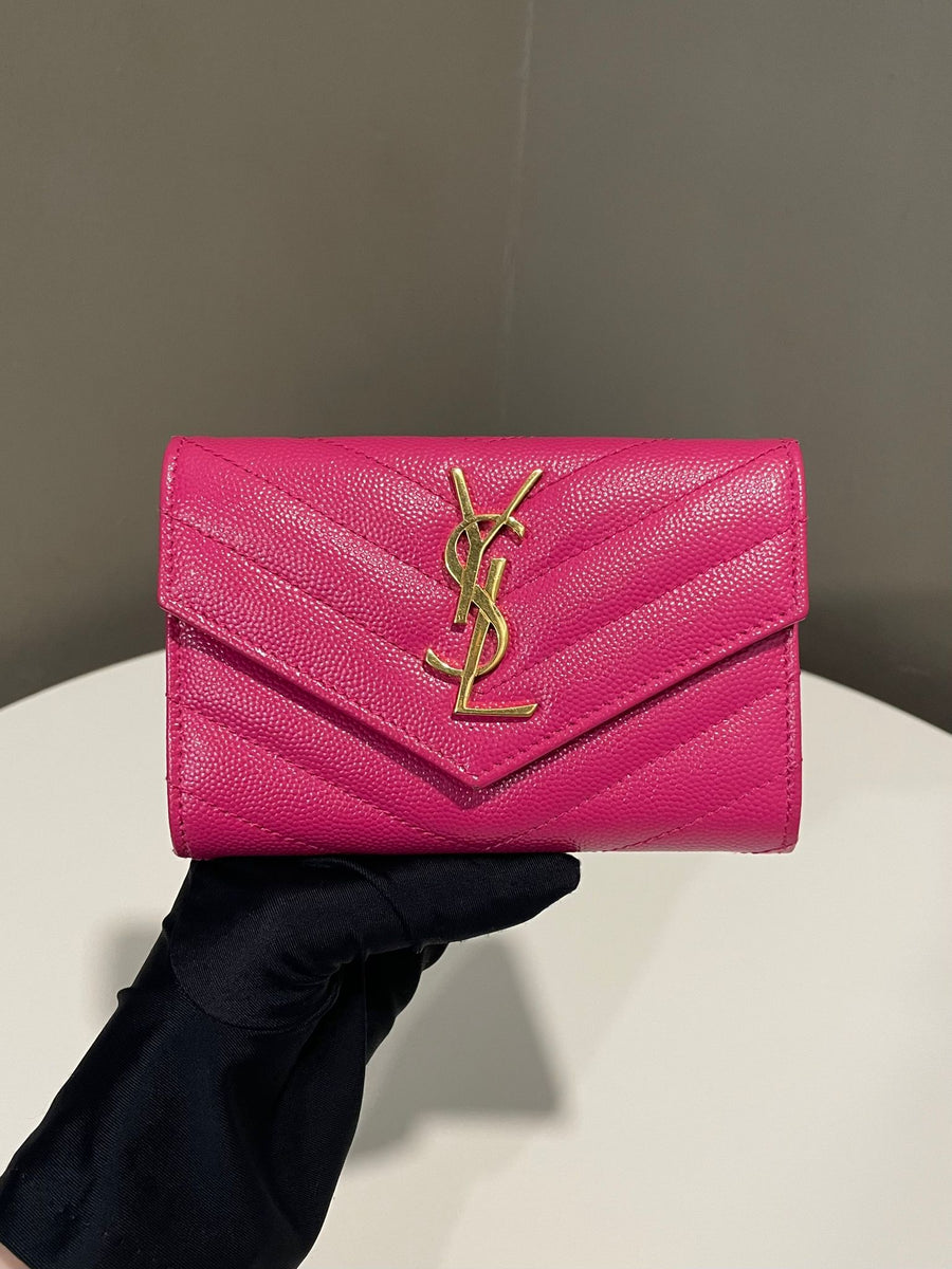 Saint Laurent Cassandre Envelope Wallet Rose Fuchsia Grainy