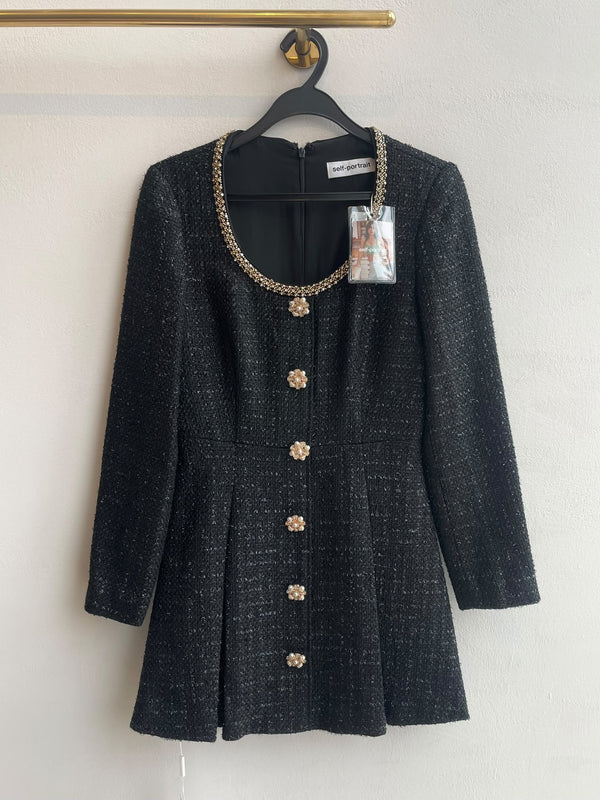 Self-Portrait Crytsal Neck Embellished Mini Dress Black Boucle Tweed