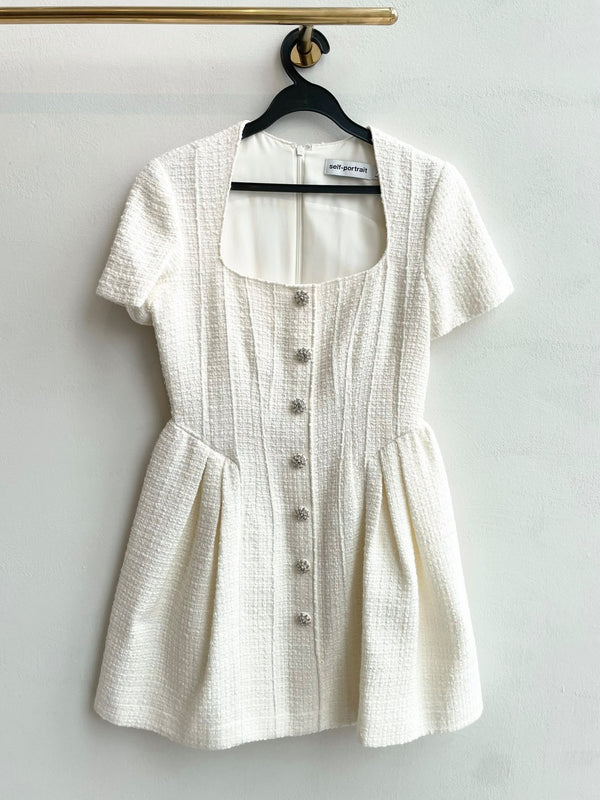 Self-Portrait Bouclé Short Sleeve Mini Dress Ivory Cream