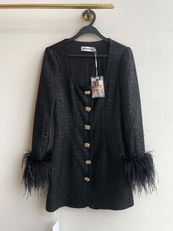 Self-Portrait Feather-Trimmed Bouclé Mini Dress Black Boucle Tweed