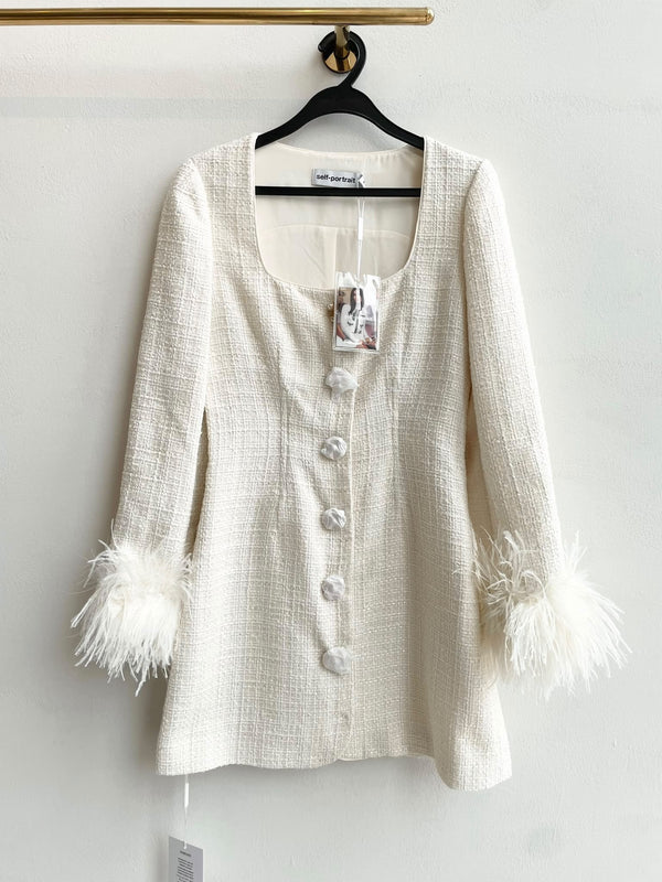 Self-Portrait Feather-Trimmed Bouclé Mini Dress
Ivory Cream
Boucle Tweed