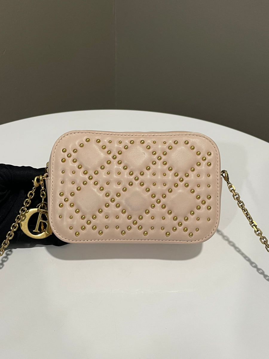 Dior Cannage Studded Lady Dior Camera Bag Powder Beige Lambskin