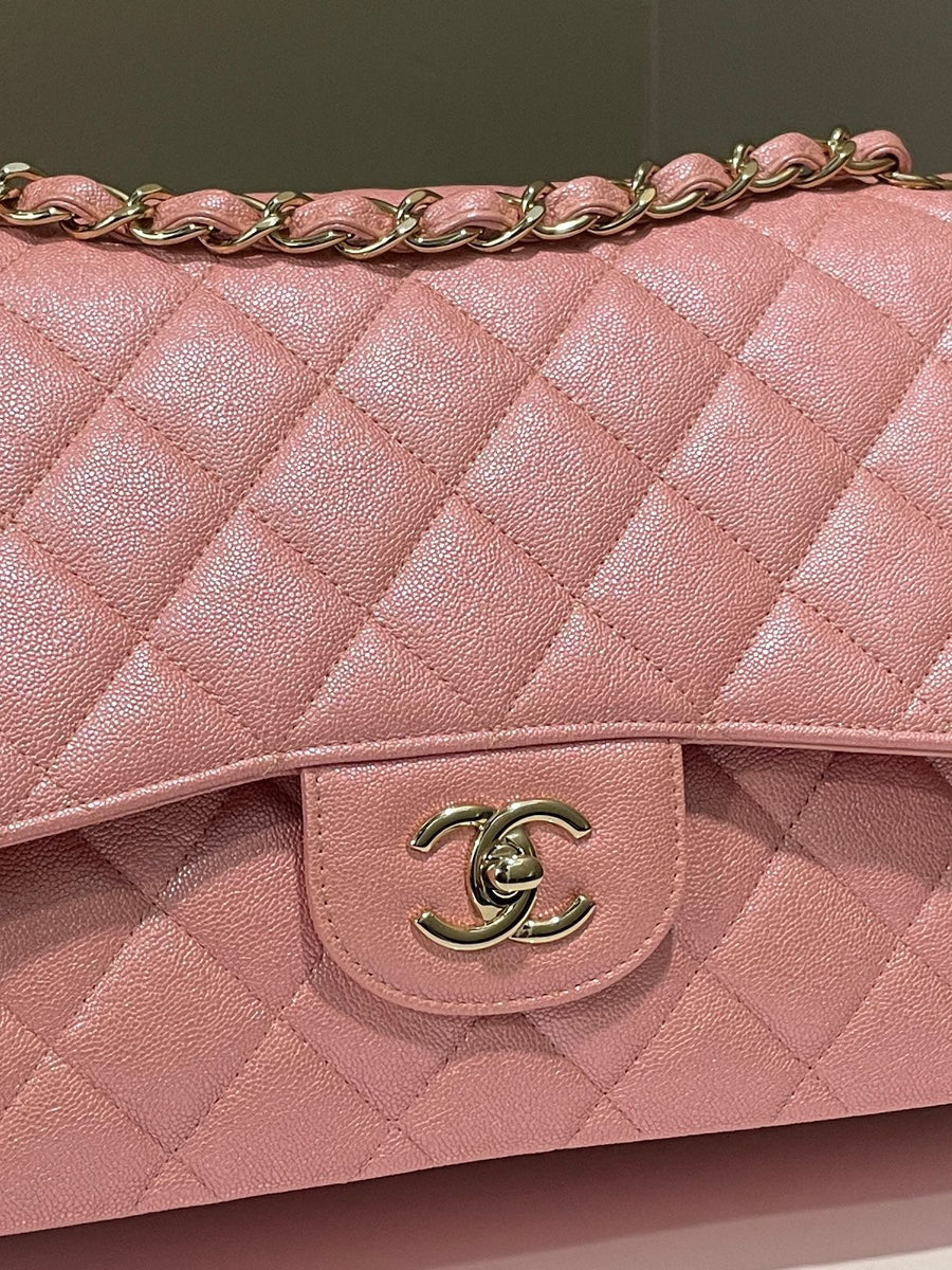 Chanel 19S Classic Jumbo Double Flap Iridescent Pink Caviar