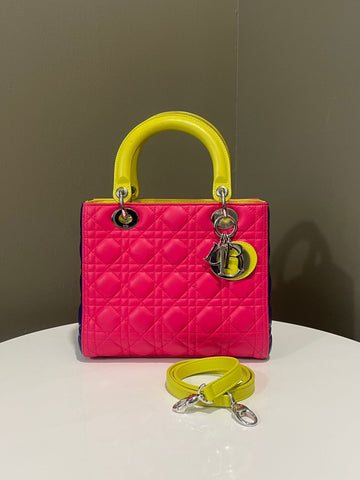 Open image in slideshow, Dior Classic Lady Dior Tri-Color Pink/ Neon /Blue Lambskin