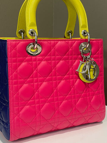 Open image in slideshow, Dior Classic Lady Dior Tri-Color Pink/ Neon /Blue Lambskin