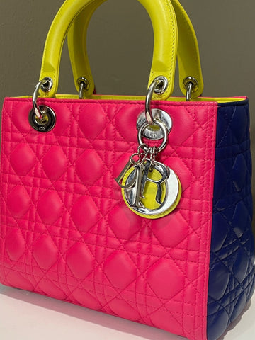 Open image in slideshow, Dior Classic Lady Dior Tri-Color Pink/ Neon /Blue Lambskin