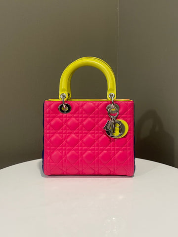 Open image in slideshow, Dior Classic Lady Dior Tri-Color Pink/ Neon /Blue Lambskin