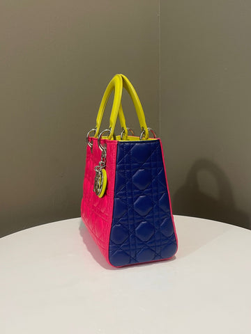 Open image in slideshow, Dior Classic Lady Dior Tri-Color Pink/ Neon /Blue Lambskin