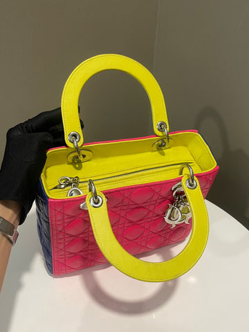 Open image in slideshow, Dior Classic Lady Dior Tri-Color Pink/ Neon /Blue Lambskin