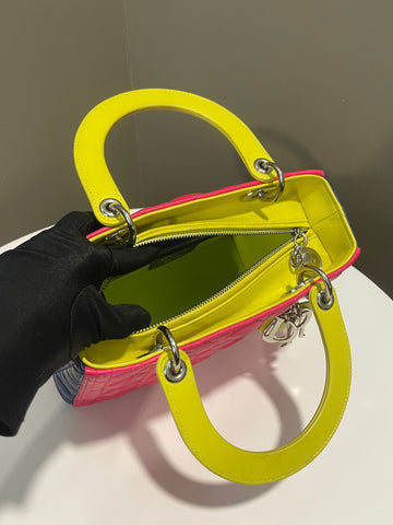 Open image in slideshow, Dior Classic Lady Dior Tri-Color Pink/ Neon /Blue Lambskin