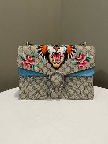 Open image in slideshow, Gucci Dionysus Shoulder Bag Supreme Monogram Cat Rhinestones embellished