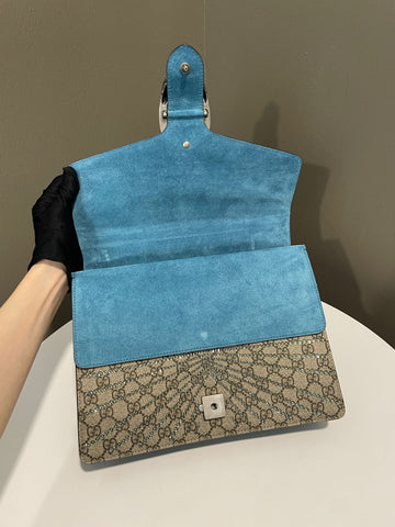 Open image in slideshow, Gucci Dionysus Shoulder Bag Supreme Monogram Cat Rhinestones embellished