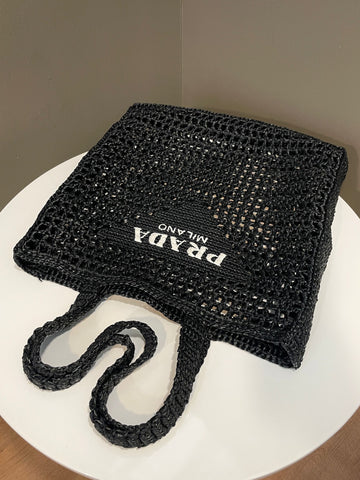 Open image in slideshow, Prada Crochet Tote Bag Black Raffia