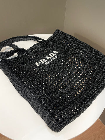 Open image in slideshow, Prada Crochet Tote Bag Black Raffia