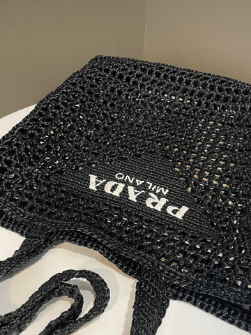 Open image in slideshow, Prada Crochet Tote Bag Black Raffia