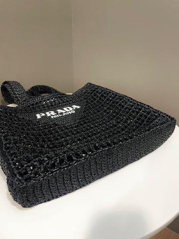 Open image in slideshow, Prada Crochet Tote Bag Black Raffia