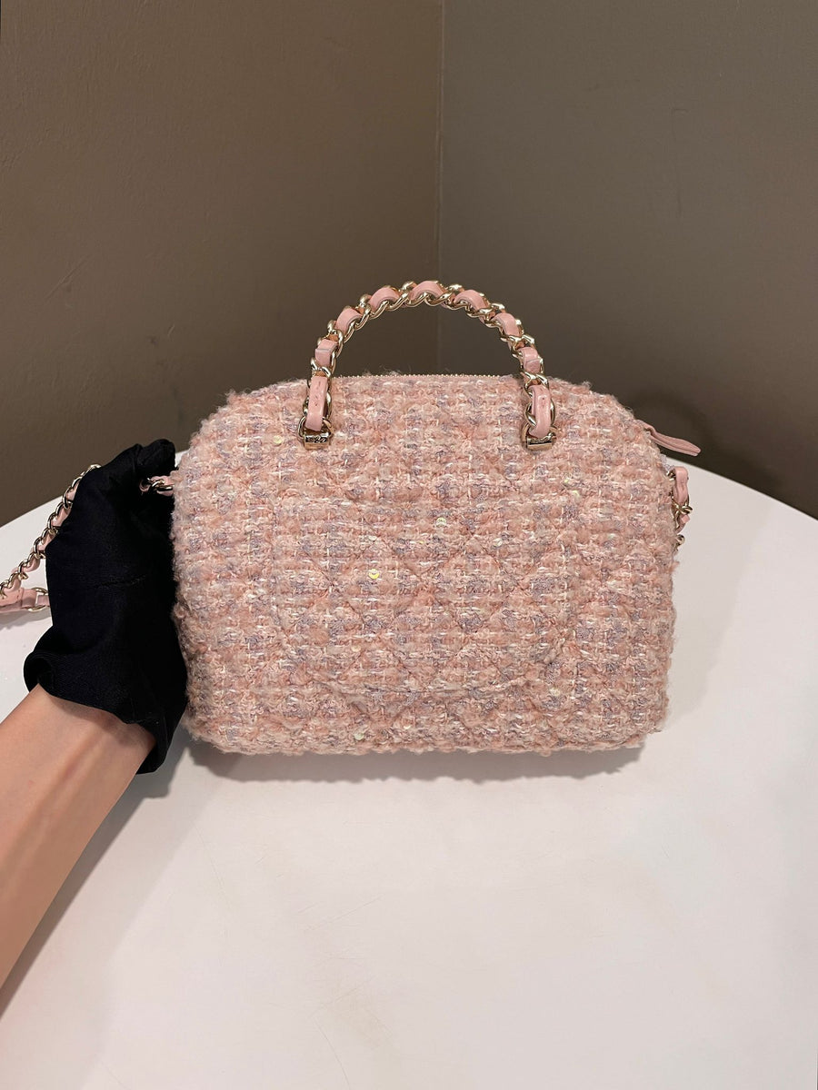 Chanel 24B Cc Quilted Chain Top Handle Pink Tweed / Sequin