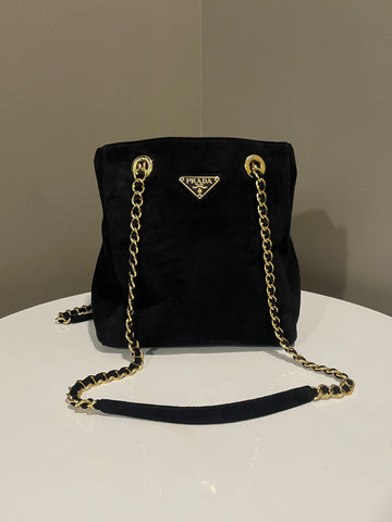 Open image in slideshow, Prada Logo Chain Suede Shoulder Bag Black