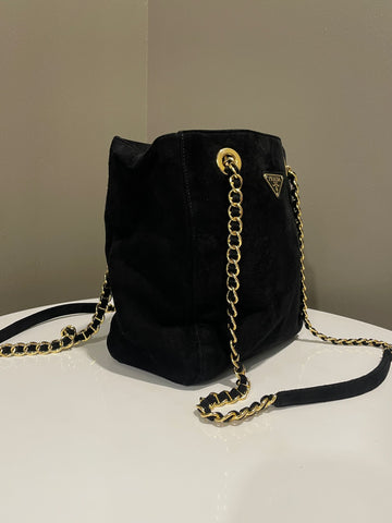 Open image in slideshow, Prada Logo Chain Suede Shoulder Bag Black