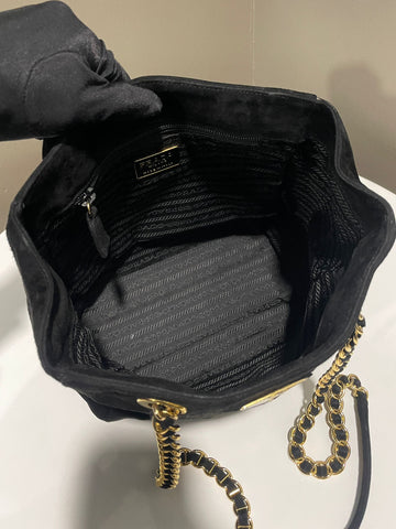 Open image in slideshow, Prada Logo Chain Suede Shoulder Bag Black