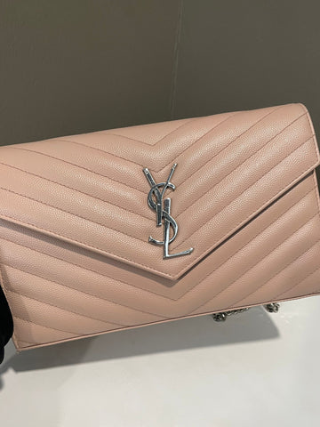 Open image in slideshow, Saint Laurent Cassandre Envelope Chain Wallet Nude Grained Leather