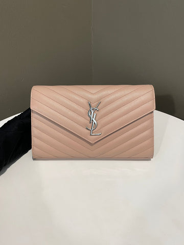 Open image in slideshow, Saint Laurent Cassandre Envelope Chain Wallet Nude Grained Leather