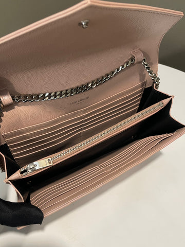 Open image in slideshow, Saint Laurent Cassandre Envelope Chain Wallet Nude Grained Leather