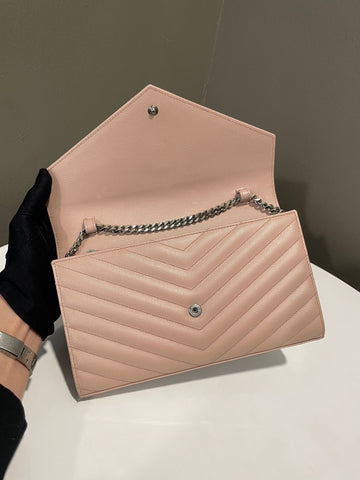 Open image in slideshow, Saint Laurent Cassandre Envelope Chain Wallet Nude Grained Leather