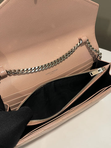 Open image in slideshow, Saint Laurent Cassandre Envelope Chain Wallet Nude Grained Leather