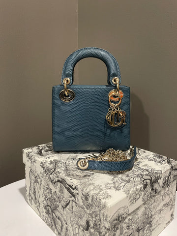 Open image in slideshow, Dior Lady Dior Mini Teal Lizard
