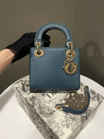 Open image in slideshow, Dior Lady Dior Mini Teal Lizard