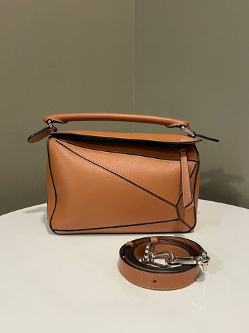 Open image in slideshow, Loewe Small Puzzle Bag Tan Calfskin