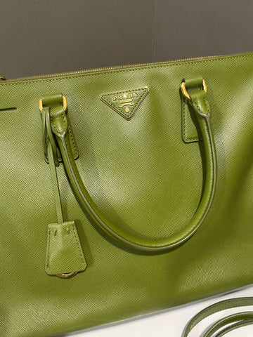 Open image in slideshow, Prada Galleria Tote Bag Olive Saffiano Leather