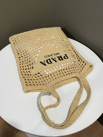 Open image in slideshow, Prada Crochet Tote Bag Neutral Beige Raffia