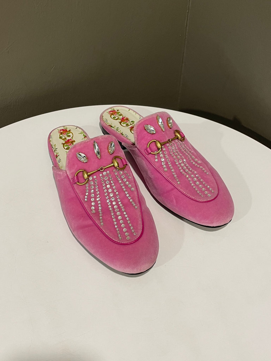 Gucci GG Princetown Crystal Mules Candy Pink Velvet Size 39