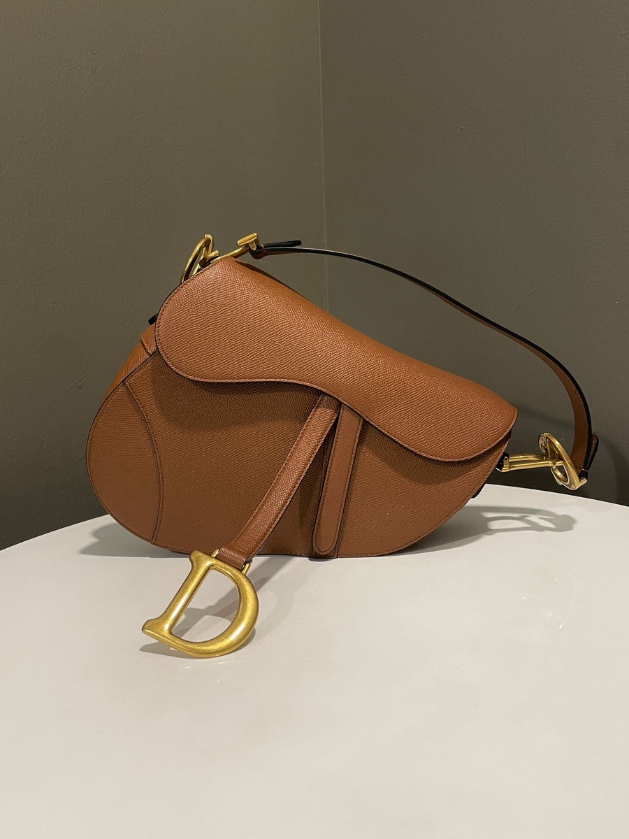 Dior Saddle Bag with Strap Dark Tan Grained Calf