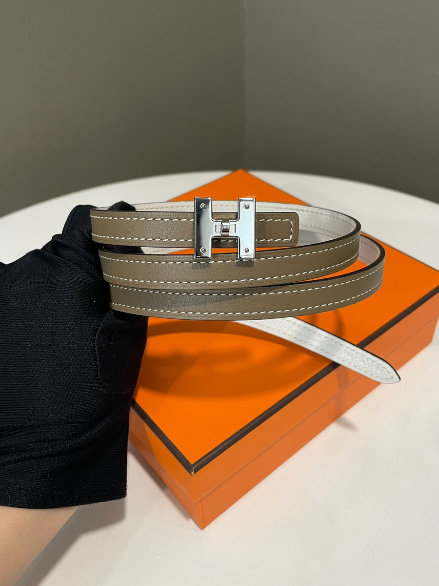 Hermes H Kelly Reversible Belt Etoupe Swift Blanc Epsom