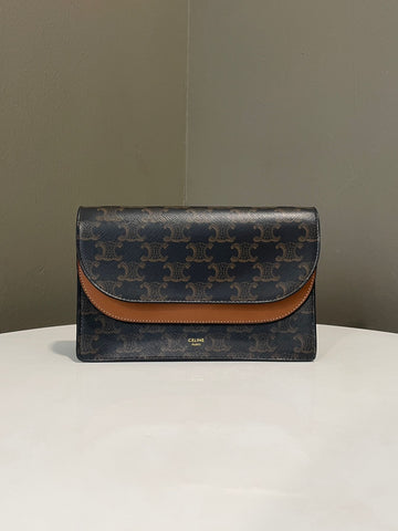 Open image in slideshow, Celine Wallet on Strap Triomphe Canvas / Tan Lambskin